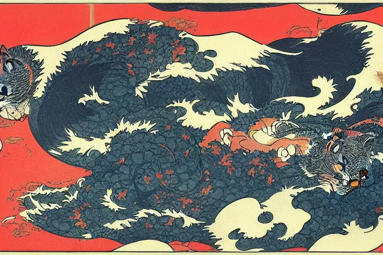 Prompt: cat attacking Tokyo, print by Hokusai, masterpiece, masterwork, artstation