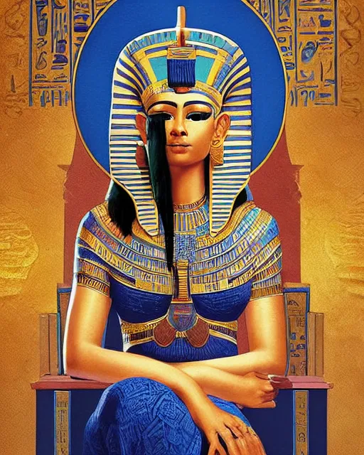 Prompt: a portrait of a beautiful female ancient Egyptian goddess sitting on her throne, surrounded by blue lotus flowers. At her feet lies the god Anubis. By Artgerm, by Raphael, by Caravaggio, by James C. Christensen