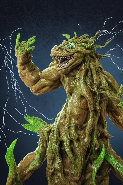 Image similar to high resolution photo of a muscular fighting sand creature, slime, tree roots, dark clouds, foliage, veins, lightning, big muscles, sweat, slime, troll, fishlike, gills, dragonlike, grown together, overgrown, electronic wires, god rays, dark, skin, plastic wrap,