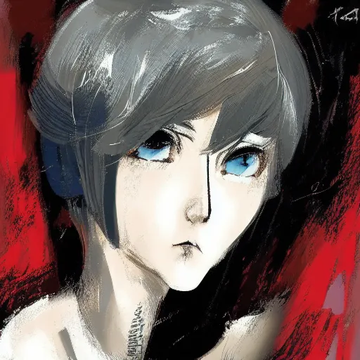 Prompt: Renaissance oil portrait of a manga girl with short white hair and black eyes in the style of Yoshitaka Amano, abstract black and white background, noisy picture, expressive brush strokes, old anime colour palette