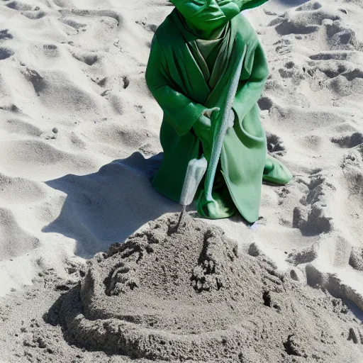 Image similar to Yoda building a sand castle on the beach