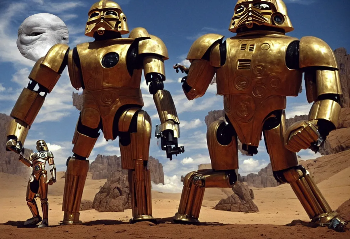 Image similar to “George Lucas battles with a giant, bodybuilder c3P0 mega-mech in his new space opera movie Swiss Cottage, which many claim to be a poor quality knockoff of a Star Wars. HQ movie still. Be creative! I’m counting on you to impress me, Stable Diffusion, don’t let me down with some shonky looking AI bullshit”