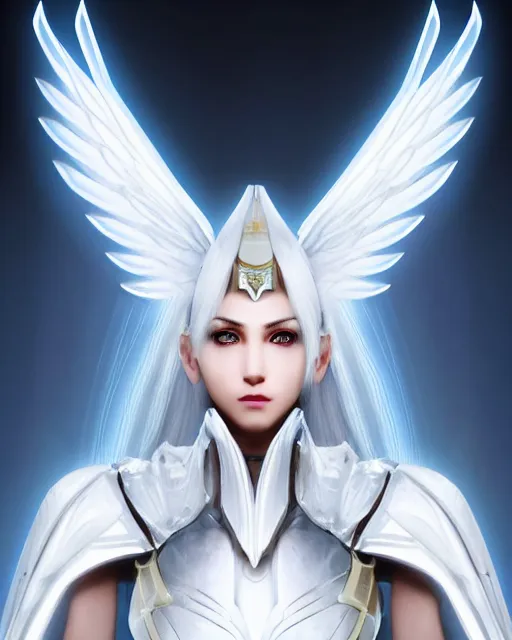 Image similar to perfect white haired attractive egyptian goddess with huge white dove wings, warframe armor, beautiful, symmetric, dreamy, half asian, pretty face, blue eyes, detailed, scifi platform, laboratory, experiment, 4 k, ultra realistic, epic lighting, android body, illuminated, cinematic, masterpiece, art by akihito tsukushi, voidstar