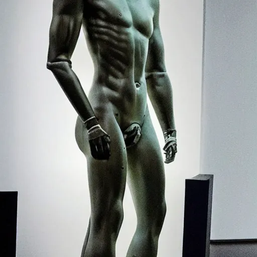 Image similar to “ a realistic detailed photo of a guy who is an attractive humanoid who is half robot and half humanoid, who is a male android, actor liam hemsworth, shiny skin, posing like a statue, blank stare, at the museum, on display ”