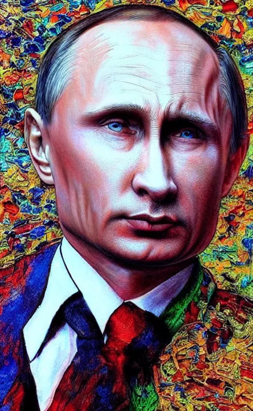 Prompt: trending art. amazing detailed intricate photorealistic painting of a vladimir putin. disturbing, twisted, dark, evil. vibrant colors. cute, lovely, funny.