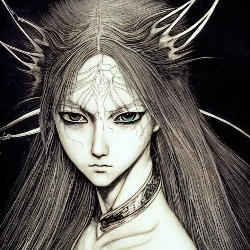 Image similar to yoshitaka amano realistic illustration of an anime girl with black eyes, wavy white hair fluttering in the wind and cracks on her face wearing elden ring armor with engraving, abstract black and white patterns on the background, noisy film grain effect, highly detailed, renaissance oil painting, weird portrait angle, three quarter view