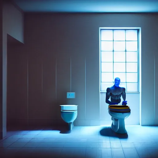 Image similar to Digital art Very High detailed Dr.Manhattan in Ukrainian village house by Taras Shevchenko, siting on a toilet, photorealism, by Beeple, rendered in Octane render