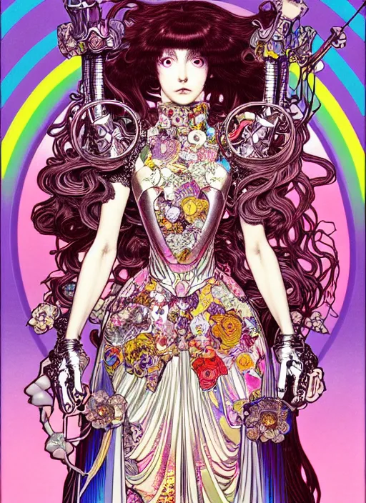 Prompt: highly detailed terada katsuya artstation ayami kojima manga poster of princess mechine, rainbow gradient reflection, long hair, armor, dress, laces, ruffles, 8 k, maximalist,, jump comics, tomer hanuka, alphonse mucha