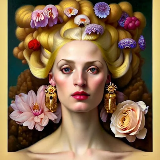 Image similar to centered portrait composition, woman with blonde hair full of spring flowers wearing ornate earrings, ornate gilded details, pastel colors, a surrealist painting by tom bagshaw and jacek yerga and tamara de lempicka and jesse king, wiccan, pre - raphaelite, featured on cgsociety, pop surrealism, surrealist, dramatic lighting