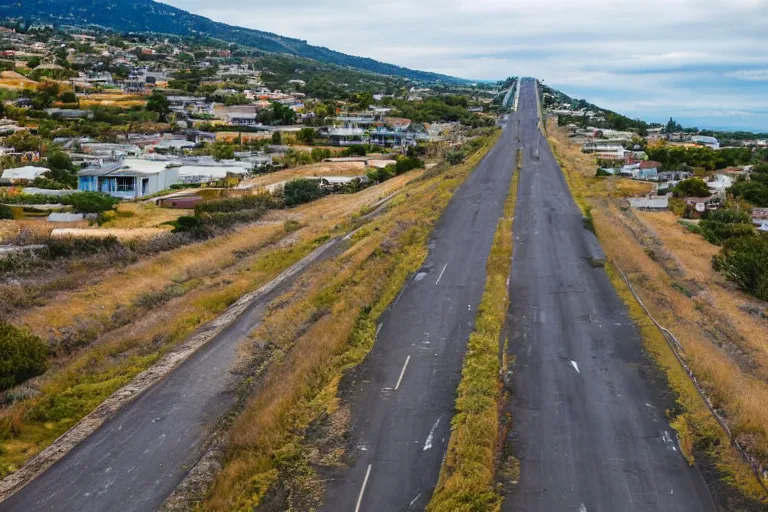 Prompt: looking down road, infinite house lining the road, the biggest pizza, telephoto lens compression