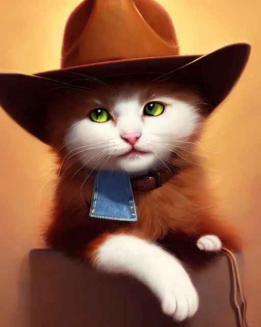 Prompt: young cat wearing a brown cowboy hat | | cute - fine - face, fluffy, pretty face, key visual, realistic face, detailed, real life, fine details by stanley artgerm lau, wlop, rossdraws, james jean, andrei riabovitchev, marc simonetti, and sakimichan, trending on artstation