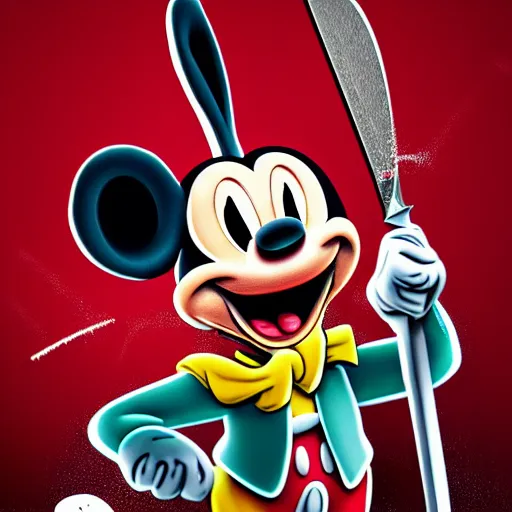 Image similar to laughing bugs bunny stabs mickey mouse with a bowie knife, blood spray, horror, intimidating, insanely detailed, photorealistic, 8 k, trending on artstation.