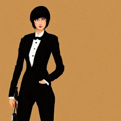 Image similar to slim girl in tuxedo with short black hair, elegant, 2d, ultra highly detailed, digital painting, smooth, sharp focus, artstation, art by Ilya Kuvshinov