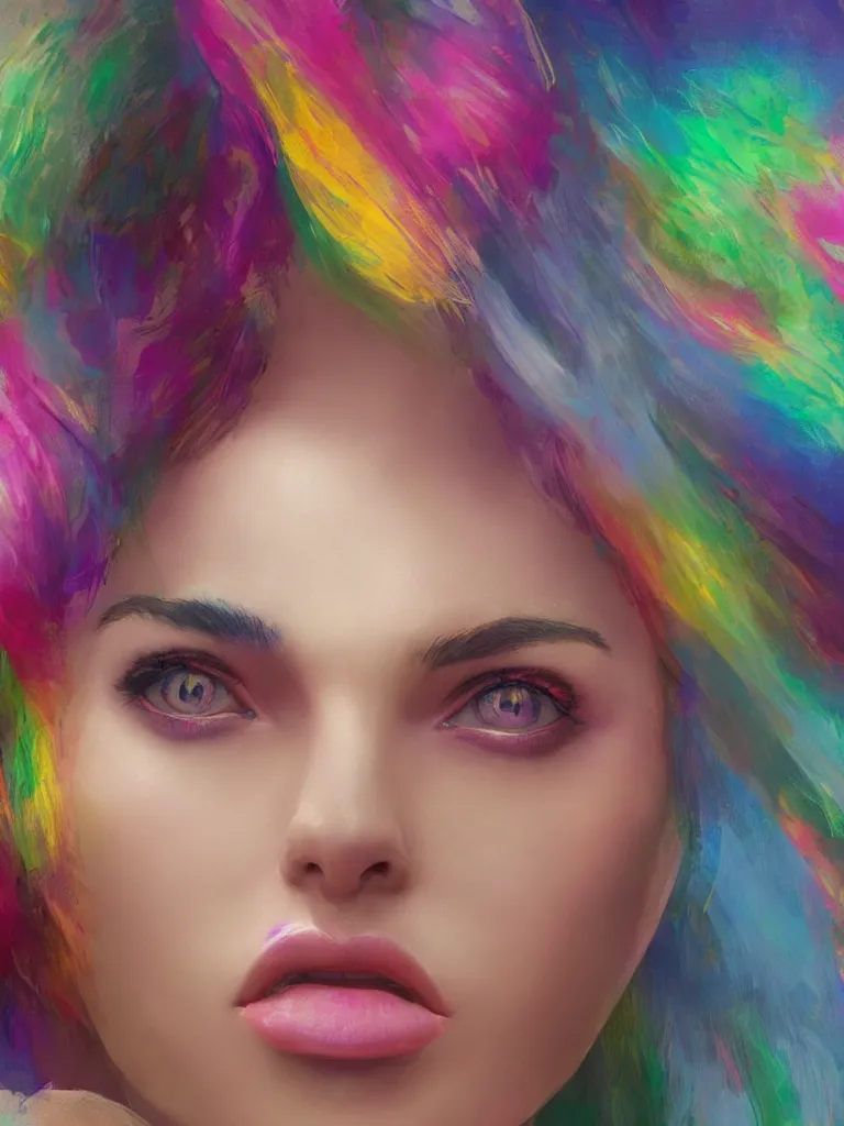 Image similar to close up portrait of beautiful rainbow woman by disney concept artists, blunt borders, rule of thirds