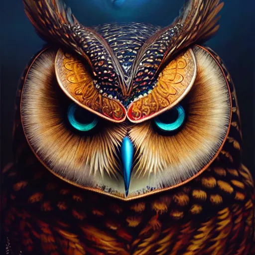 Image similar to a ultradetailed beautiful concept art of a an intricate wooden mask of an owl painted with beautiful colors, but the mask hide some dark secret, photorealism, sharp details, high resolution 4 k, by tom bagshaw, greg rutkowski, charli bowater and artgeem