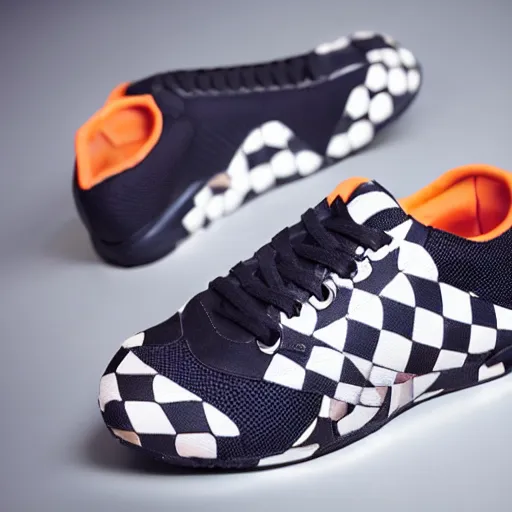 Image similar to sport shoes with checkerboard pattern, product photo, studio lighting, highly detailed