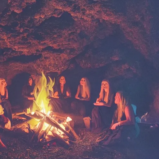 Prompt: a witches coven around a fire in a cave