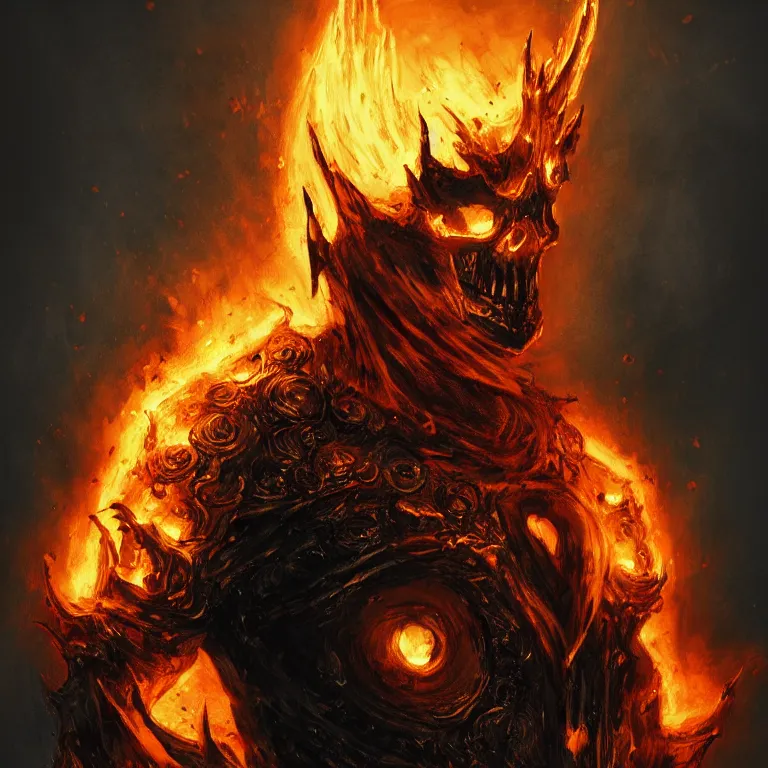 Image similar to Ghost Rider, flaming grim reaper, the pits of hell, headshot photo, character concept, dark souls concept art, Feng Zhu concept art, dramatic lighting, highly stylized, trending on artstation, high-quality wallpaper, desktopography