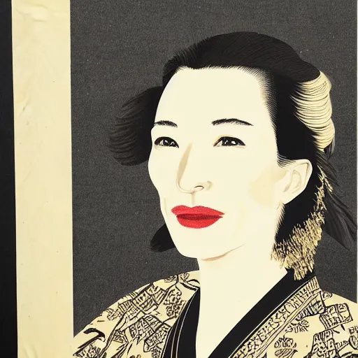 Prompt: portrait of cate blanchett ,japanese wood print