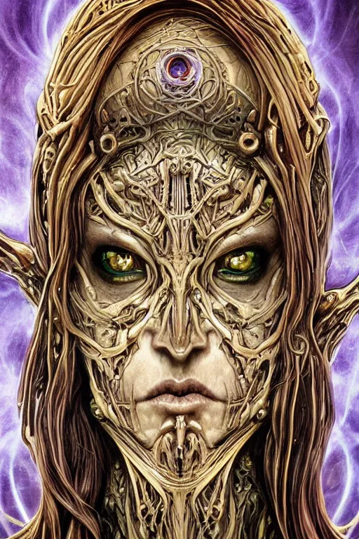 Image similar to Elden Ring and Doom themed painting of majestic chromatic biomechanical anatomical elven female hybrid beautiful ethereal angel symmetrical neutral mask closeup face tattoo pattern golden ratio concept, Neo-Gothic concept, infinity glyph waves, intricate artwork masterpiece, very coherent artwork, cinematic, full frontal facial features by Artgerm, art by H.R. Giger, Takato Yamamoto, Zdizslaw Beksinski, Johnatan Wayshak, Moebius, Ayami Kojima, very anatomically coherent artwork, trending on cgsociety, ultra high quality model, production quality cinema model, high detail chromatic ink outline, octane render, unreal engine 8k, hyper realism, high detail, octane render, unreal engine, 8k, High contrast