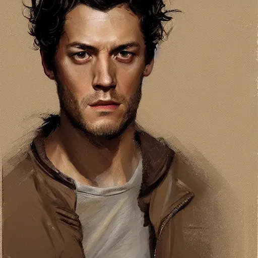 Prompt: portrait of a man by Greg Rutkowski, who looks like a mixture between Adam Brody, Harris Dickinson and Shane Harper, wearing beige utilitarian jumpsuit, scifi, highly detailed portrait, digital painting, artstation, concept art, smooth, sharp foccus ilustration, Artstation HQ.