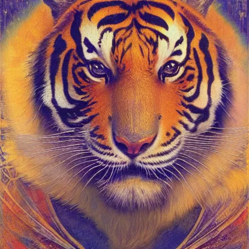 Image similar to highly detailed portrait of a tiger shaped mecha, painting by gaston bussiere, craig mullins, j. c. leyendecker, lights, art by ernst haeckel, john william godward, hammershøi, alex grey, psychedelic, dmt