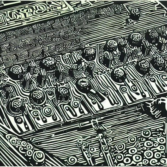 Prompt: psychodelic linocut of a moog synthesizer