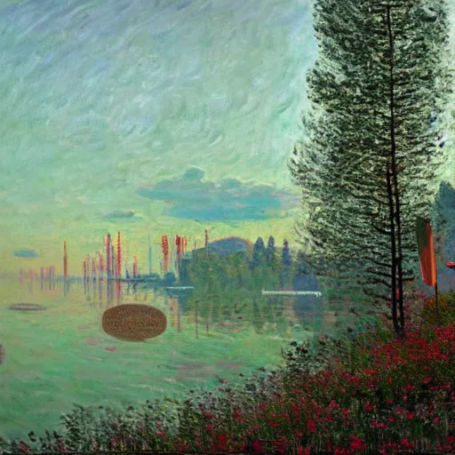 Image similar to a masterpiece oil on canvas painting by Simon Stålenhag and Claude Monet