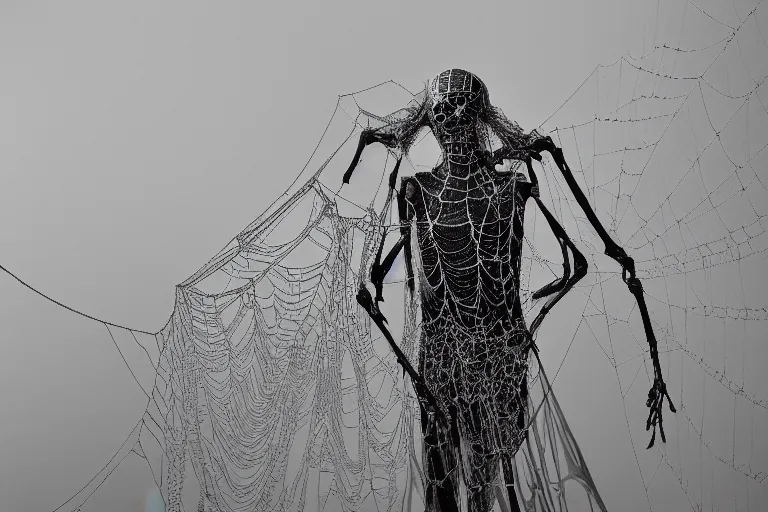 Prompt: portrait of a dusty armored skeleton covered in spiderwebs By Emmanuel Lubezki