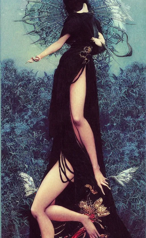 Image similar to a queen in a black funeral dress, japanese art, oil painting, by bruce pennington, by otomo, by amano, by bouguereau, by gustave moreau