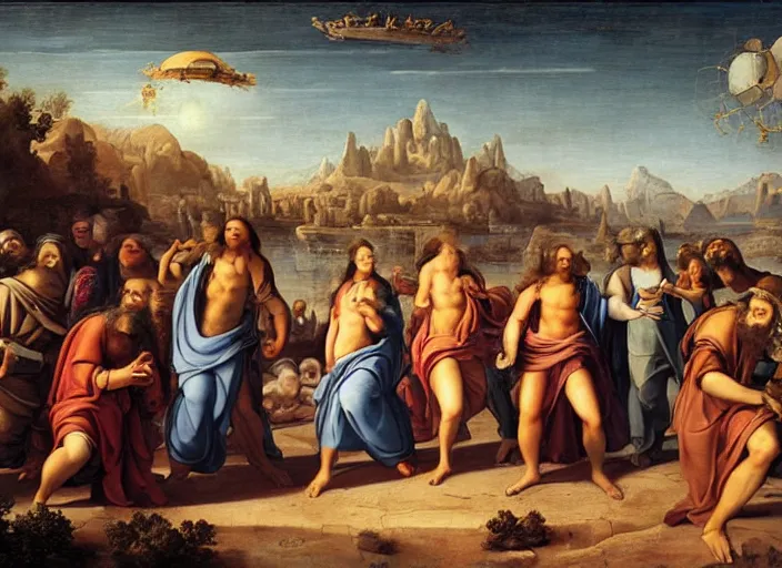 Prompt: : „a painting of a group of people outside in tropical desert Atlantis city pointing at a UFO in the sky, an ultrafine detailed painting by Giovanni Paolo Pannini, cg society, renaissance, da vinci, detailed painting, academic art“