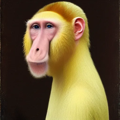 Image similar to Portrait of a Proboscis monkey, wearing a white wig, renaissance painting