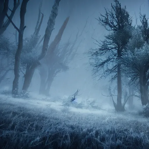 Image similar to the wild hunt, otherworldly spectres riding in the sky, wraiths of morhogg, bad omen, enchanted forest, blizzard storm, fog, full moon, snowy environment, in the style of the witcher series, hyperrealism, breathtaking, award winning, groundbreaking, octane render, unreal 5, intricate digital art, 8 k high resolution