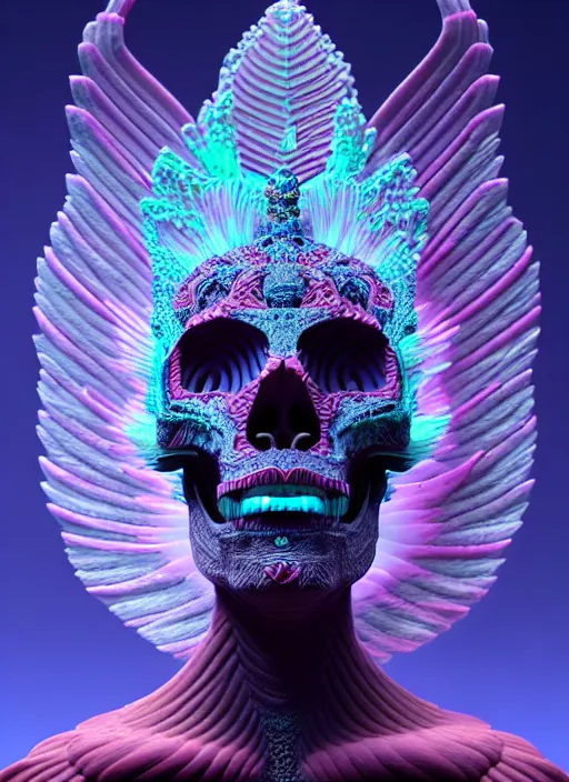 Image similar to 3 d goddess profile portrait, sigma 5 0 0 mm f / 5. beautiful intricate highly detailed quetzalcoatl skull and feathers. bioluminescent, plasma, lava, ice, water, wind, creature, thunderstorm! artwork by tooth wu and wlop and beeple and greg rutkowski, 8 k trending on artstation,