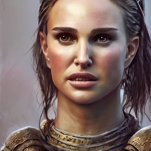 Prompt: portrait of natalie portman as a barbarian warrior, au naturel, hyper detailed, digital art, trending in artstation, cinematic lighting, studio quality, smooth render, unreal engine 5 rendered, octane rendered, art style by klimt and nixeu and ian sprigger and wlop and krenz cushart.