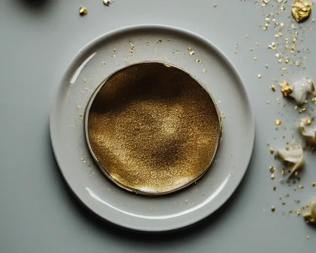 Image similar to 8 5 mm food photography of a plate full of every single food made of gold with silver linings near a garden with sand with dof and bokeh and flowers o