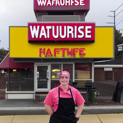 Image similar to wafflehouse employee's standing below wafflehouse sign