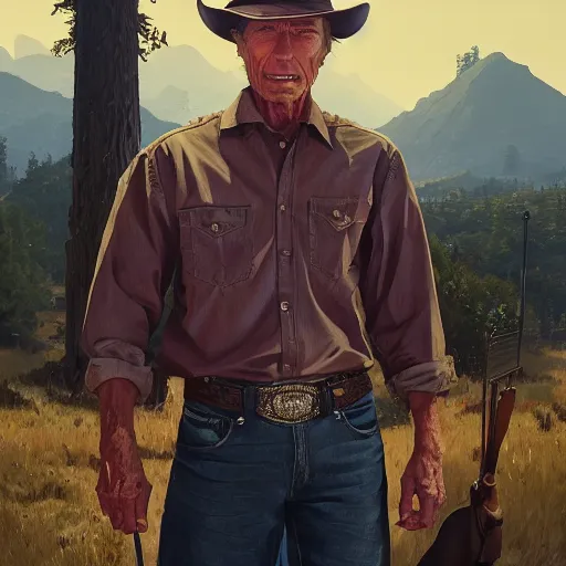 Prompt: highly detailed portrait, clint eastwood of cowboy, in gta v, stephen bliss, unreal engine, fantasy art by greg rutkowski, loish, rhads, ferdinand knab, makoto shinkai and lois van baarle, ilya kuvshinov, rossdraws, tom bagshaw, global illumination, radiant light, detailed and intricate environment