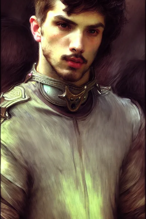 Image similar to realistic portrait beautiful concept art of a male league of legend character, created by gaston bussiere and john everett millais, jules bastien lepage, john william waterhouse, jean leon gerome and tristan eaton, high detailed, smooth draw, synthwave neon retro, intricate, trending on artstation