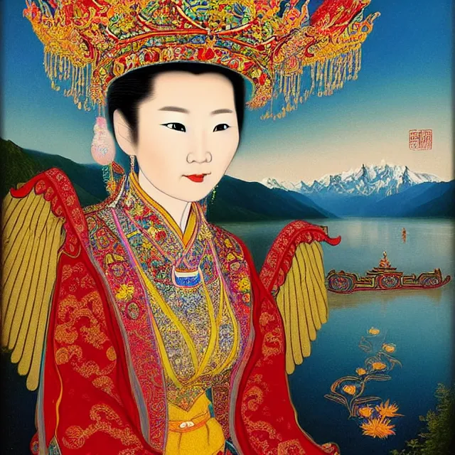 Image similar to in the art style of dittmann, anna, by dittmann, anna, portrait of a beautiful asian mongolian princess goddess spreading its wings, portrait of princess wearing a beautiful ornate crown, in the background lake baikal is seen