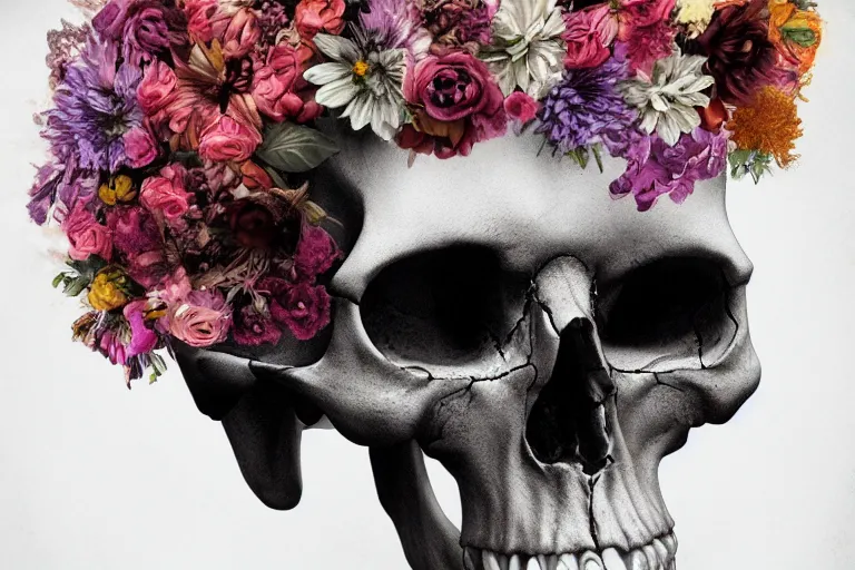 Image similar to human skull made of flowers with flowers in its eyes, artstation, illustration, hd, hq, high resolution, high detail, 4 k, 8 k