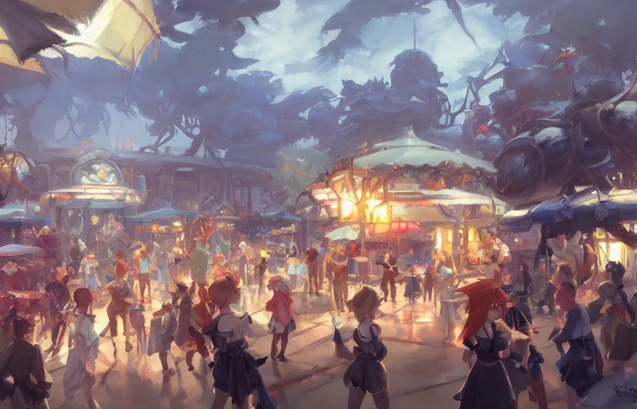 Image similar to greg manchess concept art of the millennial fair from chrono trigger, outdoor fairgrounds, striped pavillions, leene's bell, key visual, ambient lighting, highly detailed, digital painting, artstation, concept art, sharp focus, by makoto shinkai and akihiko yoshida and hidari and wlop and greg rutkowski