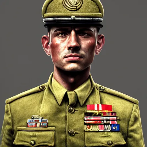 Image similar to A Hearts of Iron IV portrait of a soldier. Highly detailed, fine Art, high detail, great lighting, 8k resolution, masterpiece, concept art, illustration, clear eyes, painting oil on canvas, octane render, HDR, trending on artstation, 4k, 8k, HD