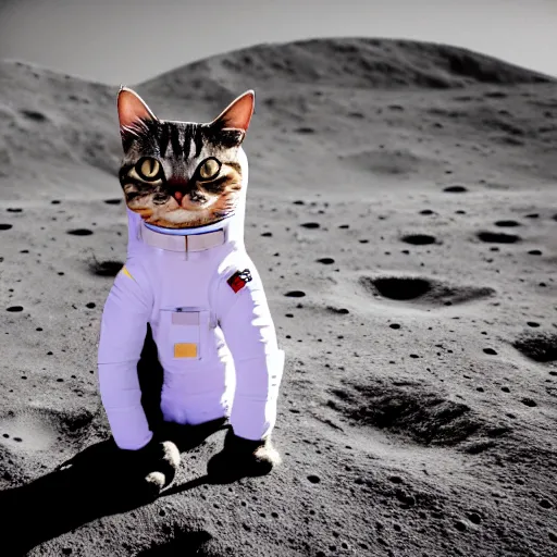 Image similar to cat wearing astronaut suit on the moon planet earth in the background sigma 1 4 mm f / 1. 8