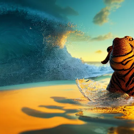 Image similar to a closeup photorealistic photograph of a cute smiling knitted tiger hippopotamus riding a wave at sunset. surf in background. professional capture. brightly lit scene. this 4 k hd image is trending on artstation, featured on behance, well - rendered, extra crisp, features intricate detail, epic composition and the style of unreal engine.