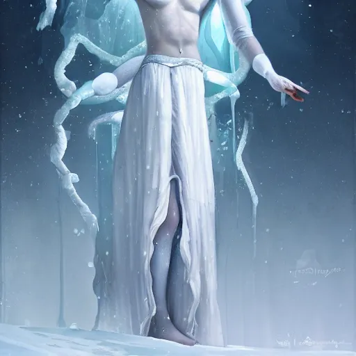 Image similar to a hyperrealistic illustration of a human in the Arctic, white long clothes, snow on the body, blue transparent ice with fractal sunlight, award-winning, masterpiece, in the style of Tom Bagshaw, Cedric Peyravernay, Peter Mohrbacher