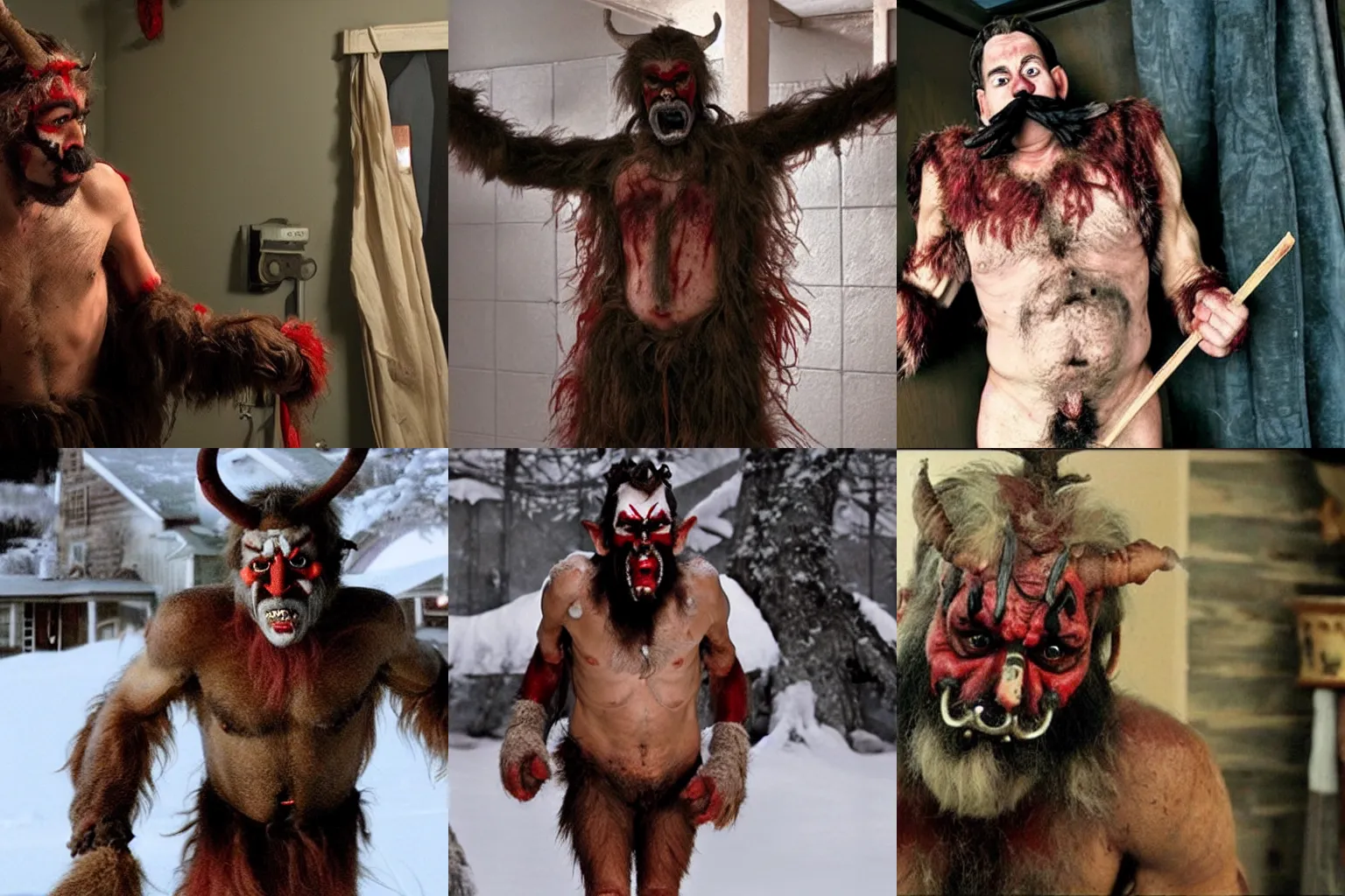 Prompt: too realistic film prop of the scarred upper body of a half Krampus half Greek man with handlebar mustache, 2008 cinematography