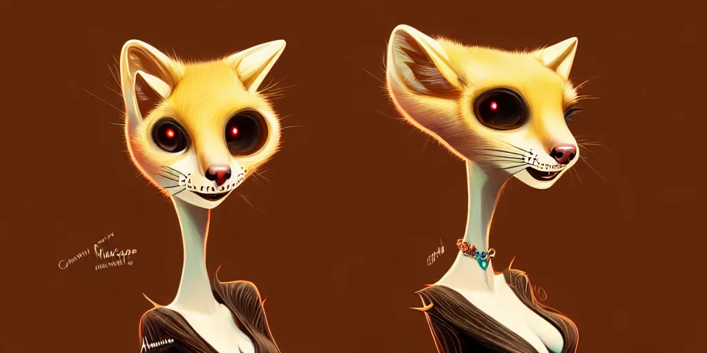 Prompt: curved perspective, extreme narrow, extreme fisheye, digital art of a female embalmed marten animal wearing jewlery with blonde hairstyle by anton fadeev from nightmare before christmas