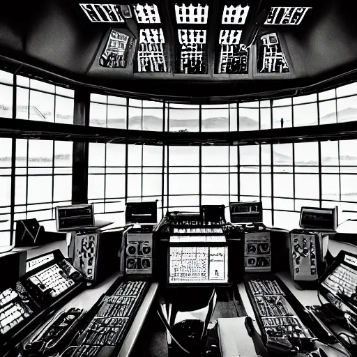 Prompt: inside of an aircraft control tower with windows looking out to an airport, black and white, comic book style, insanely detailed, very intricate, high contrast