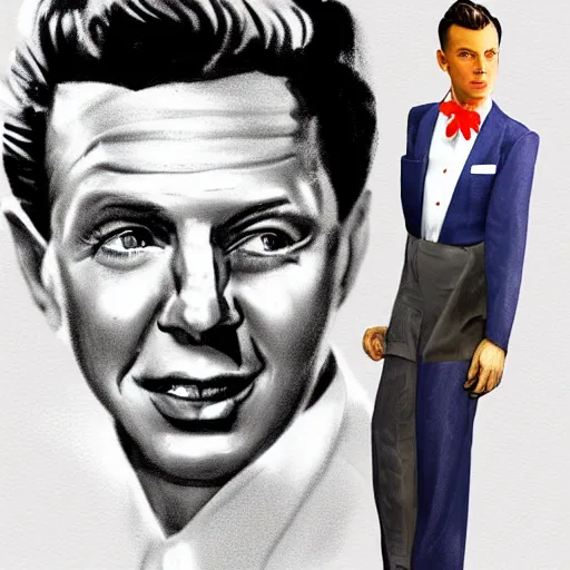 Image similar to perfect composition, subdued color palette, award-winning concept art, detailed digital painting, airbrushed, low contrast: costume design for young Frank Sinatra as a poor 1950s bartender. Volumetric cinematic lighting, great attention to perfect anatomy, special attention to posing, great attention to realistic facial expression, faithful cinematic color scheme, perfectly coherent. In the style of: Greg Rutkowski, Francis Bacon, Syd Mead, Norman Rockwell, Beksinski, Edward Hopper, James Gilleard, Ilya Kuyshinov, WLOP, Stanley Artgerm, Takato Yamamoto, and James Jean.